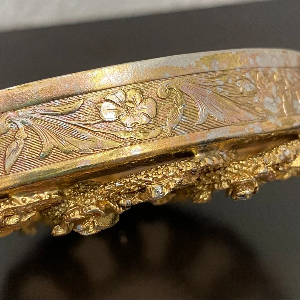 Vintage Victorian Gold-tone Ornate Flower Powder Dish Vanity Bowl Tray